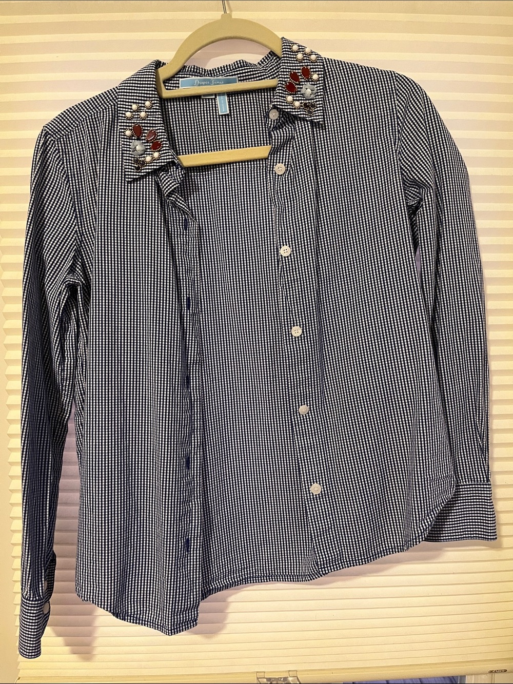 Draper James Navy and White Gingham Button-Down Shirt with Embellished Collar